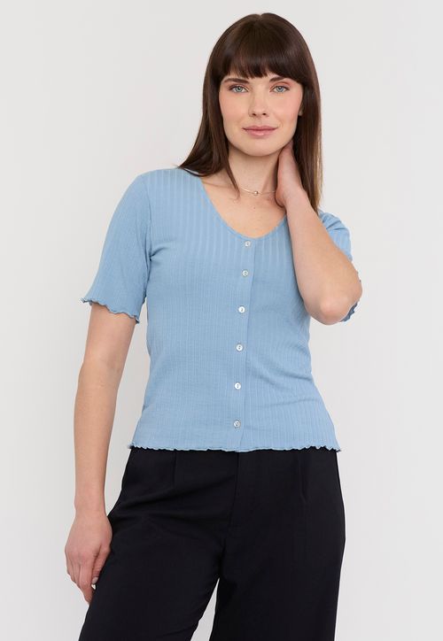 Polera Mujer Rib Botones Celeste