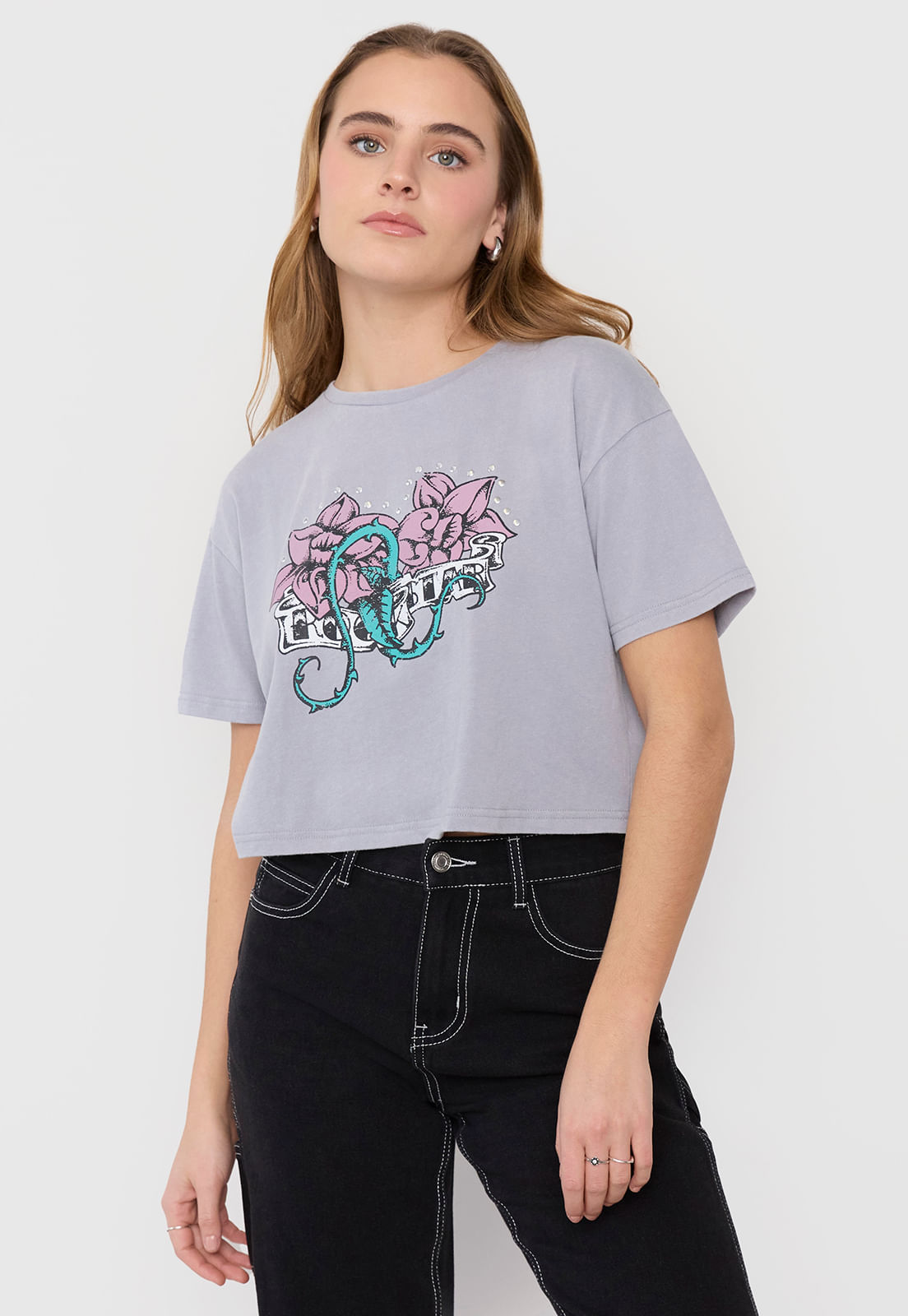 Polera Mujer Fun Manga Corta Crop Gris Brillo Acid Wash