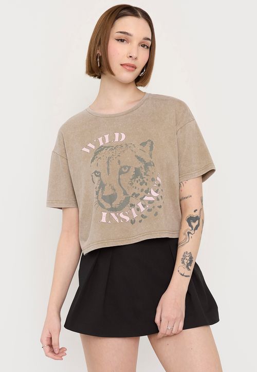Polera Mujer Fun Manga Corta Crop Café Acid Wash