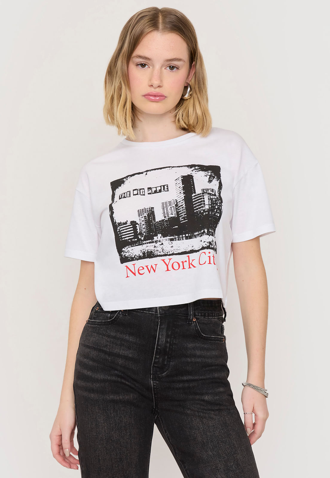 Polera Mujer Fun Manga Corta Crop Blanco Nyc