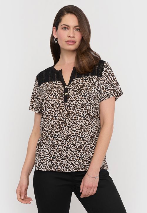 Polera Mujer Aplicación Macramé Beige Animal Print