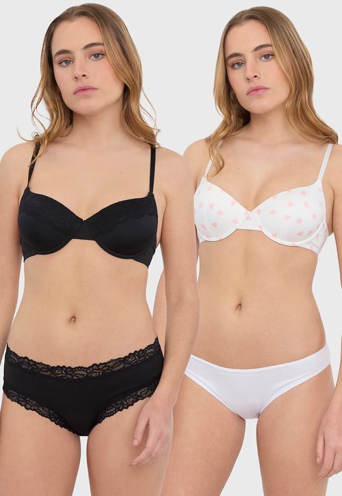 Sostén Mujer Bipack Liso Print Copa B Negro Con Corazón