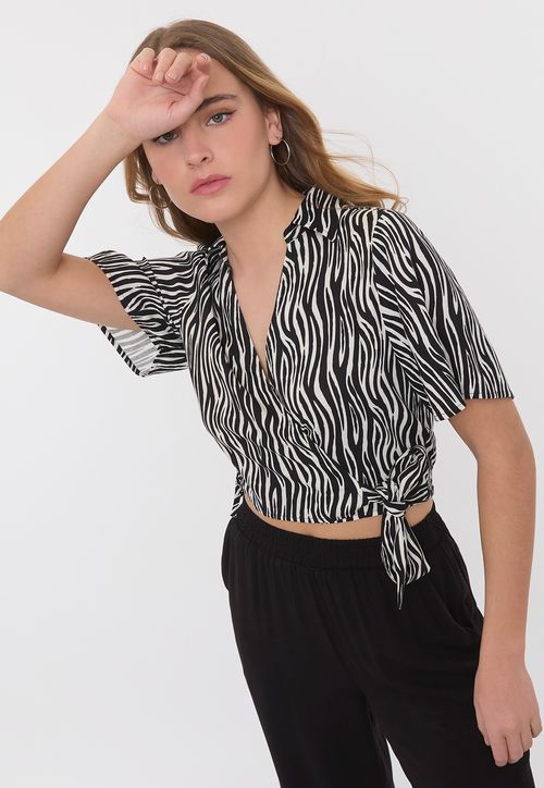 Blusa Mujer Camisera Cruzada Negro Cebra