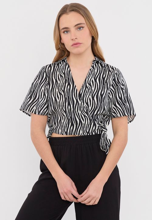 Blusa Mujer Camisera Cruzada Negro Cebra