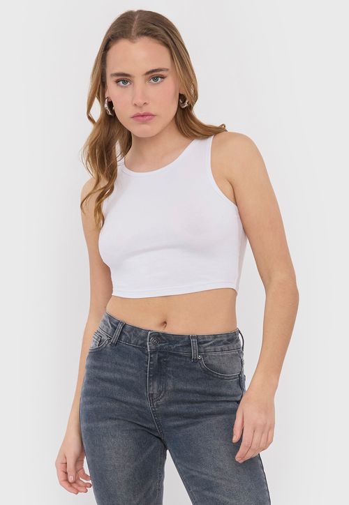 Polera Mujer Crop Blanco Sin Mangas