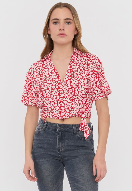 Blusa Mujer Camisera Cruzada Rosado Flores