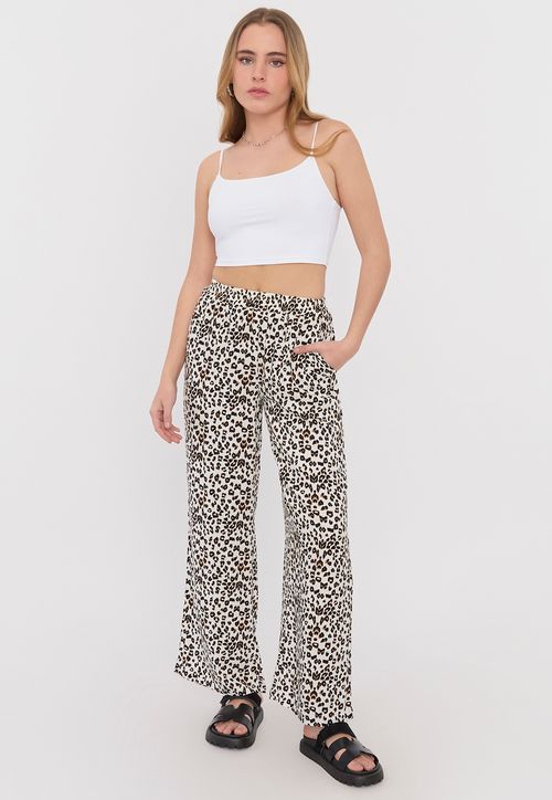 Pantalón Mujer Palazzo Beige Animal Elástico