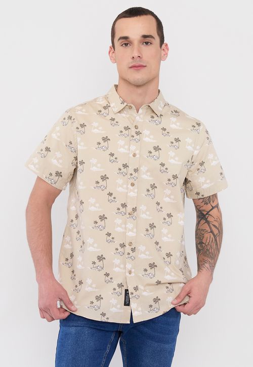 Camisa Hombre Cotton Full Print Beige