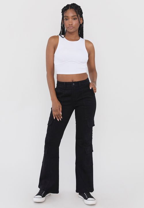Jeans Mujer Flare Negro Cargo