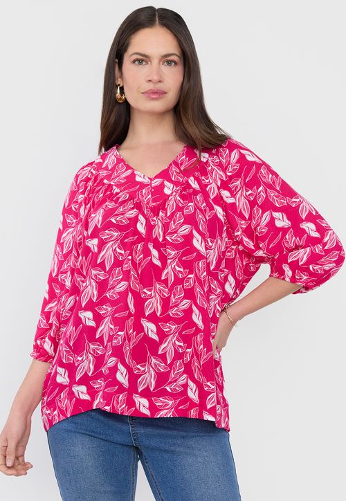 Blusa Mujer Cuello V Manga Globo Rosado Print