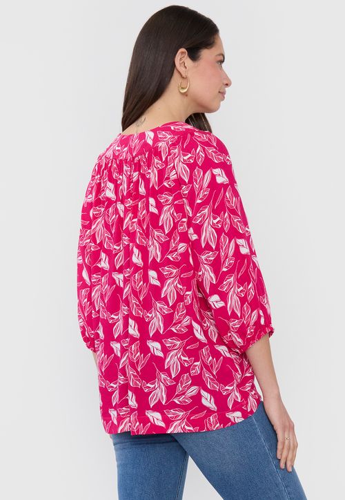 Blusa Mujer Cuello V Manga Globo Rosado Print
