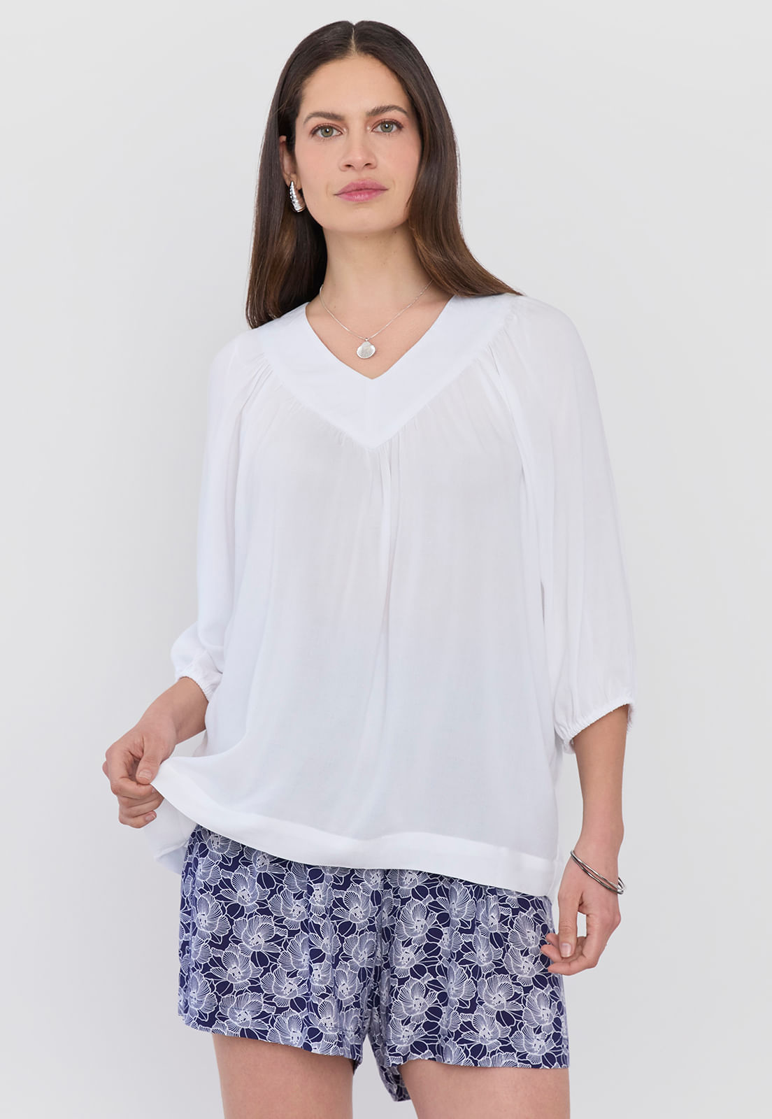 Blusa Mujer Cuello V Manga Globo Blanco