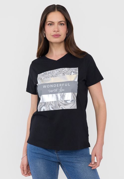 Polera Mujer M/C Focal Print Cuello V Negro