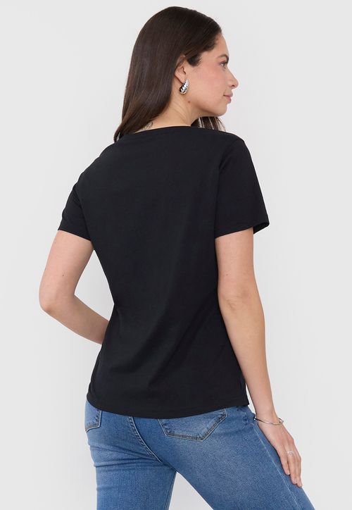 Polera Mujer M/C Focal Print Cuello V Negro