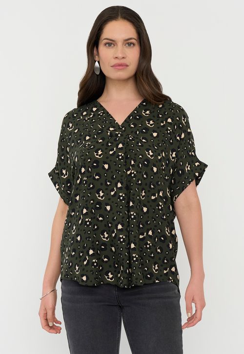 Blusa Mujer Manga Corta Verde Animal Print Cuello V