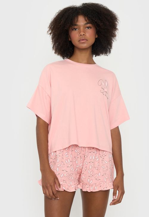 Pijama Mujer Corto Oversize Vuelos Coral Conejos