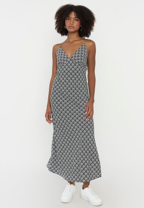 Vestido Mujer Largo Escote V Print Flores Negro