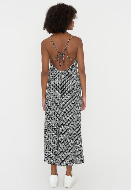 Vestido Mujer Largo Escote V Print Flores Negro