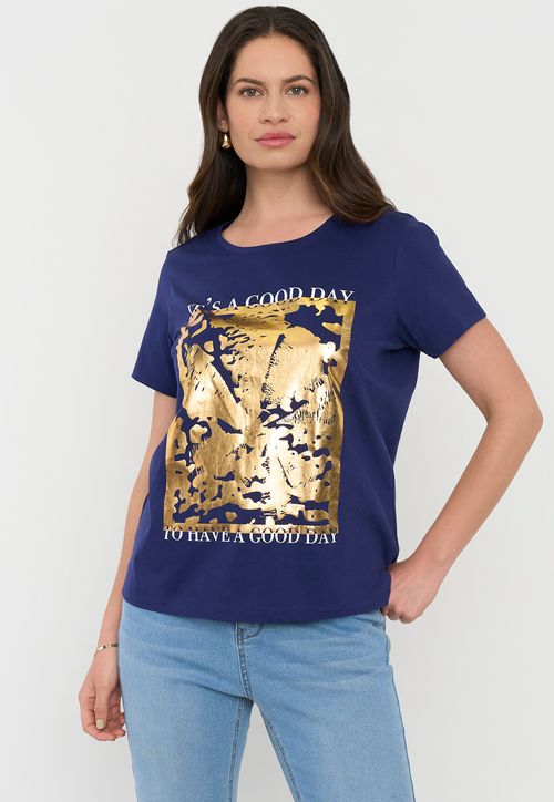 Polera Mujer M/C Focal Print Azul Royal