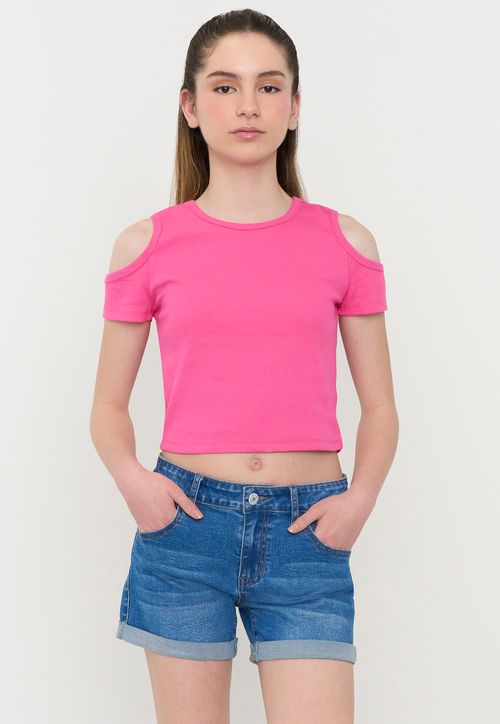 Polera Niña Teen Manga Corta Rib Fucsia
