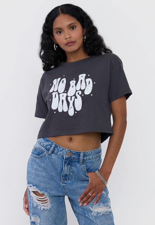 Polera Mujer Fun Manga Corta Gris Oscuro Crop