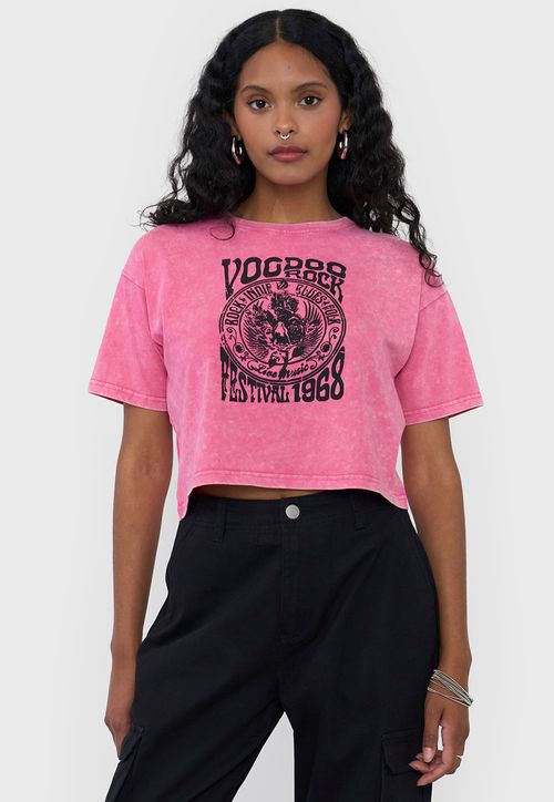 Polera Mujer Fun Manga Corta Fucsia Crop