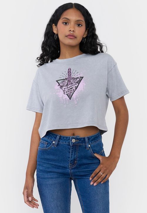 Polera Mujer Fun Manga Corta Crop Gris Claro