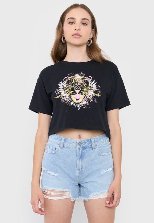 Polera Mujer Crop Print Fun Manga Corta Negro