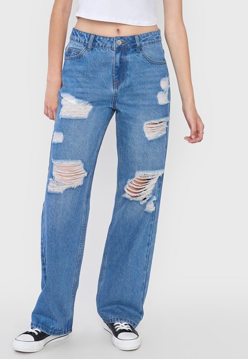 Jeans Mujer Straight Fit Full Roturas Azul Medio