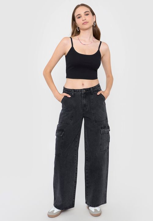 Jeans Mujer Cargo Wide Leg Fit Color Negro