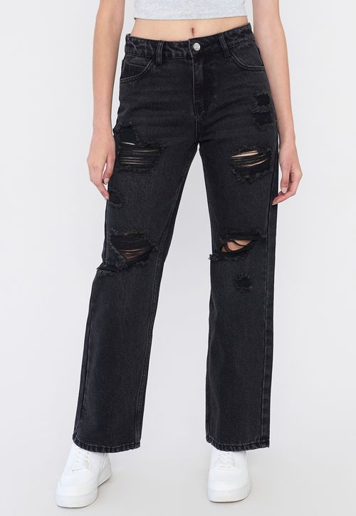 Jeans Mujer Straight Fit Full Roturas Negro