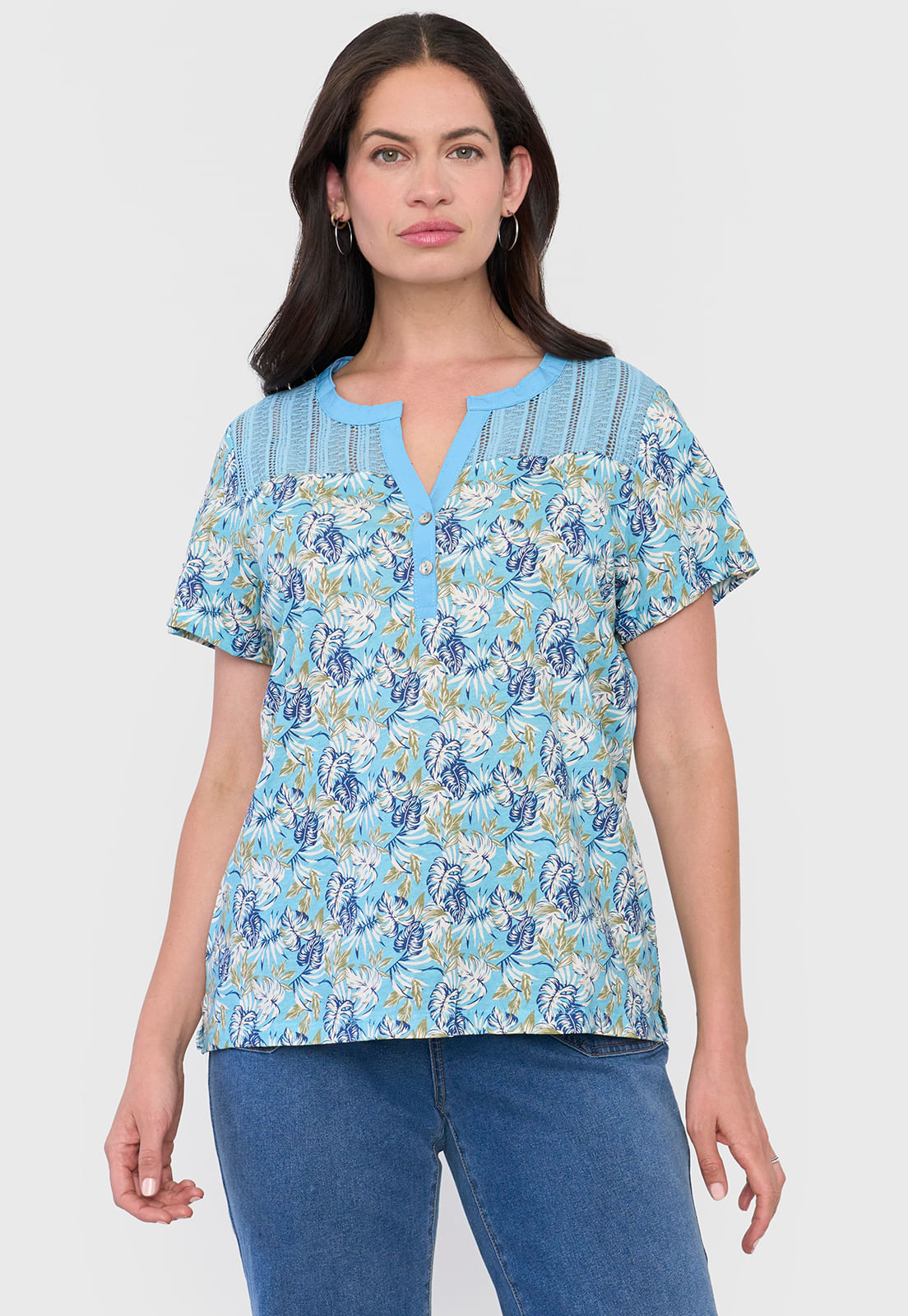 Polera Mujer Aplicación Macramé Turquesa Tropical