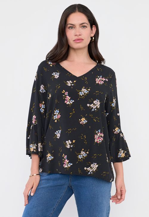 Blusa Mujer Manga Campana Print Negro