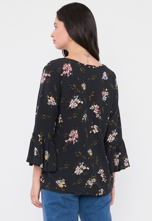 Blusa Mujer Manga Campana Print Negro