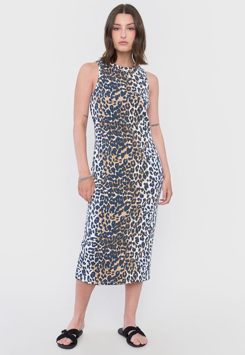 Vestido Mujer Largo Rib Animal Print Café