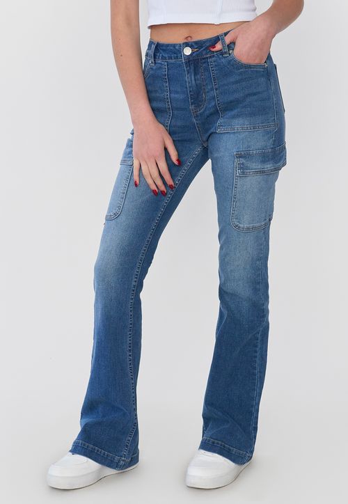 Jeans Mujer Flare Fit Cargo Azul Medio