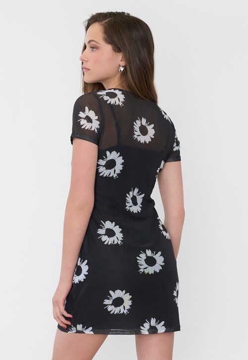 Vestido Mujer Malla  Flores Negro