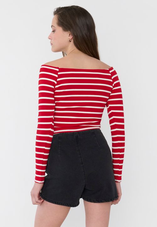Polera Mujer Sin Hombros M/L Rayas Rojo