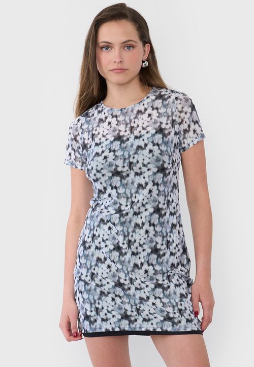 Vestido Mujer Malla  Flores Gris