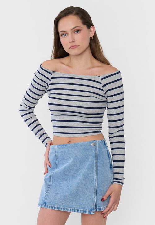 Polera Mujer Sin Hombros M/L Rayas Gris