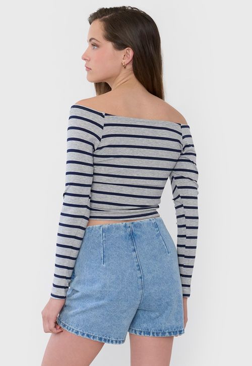 Polera Mujer Sin Hombros M/L Rayas Gris