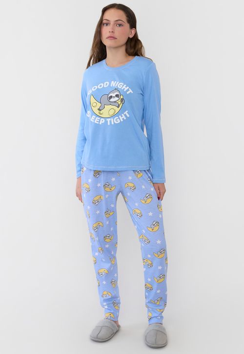 Pijama Mujer Largo Algodón Print Celeste