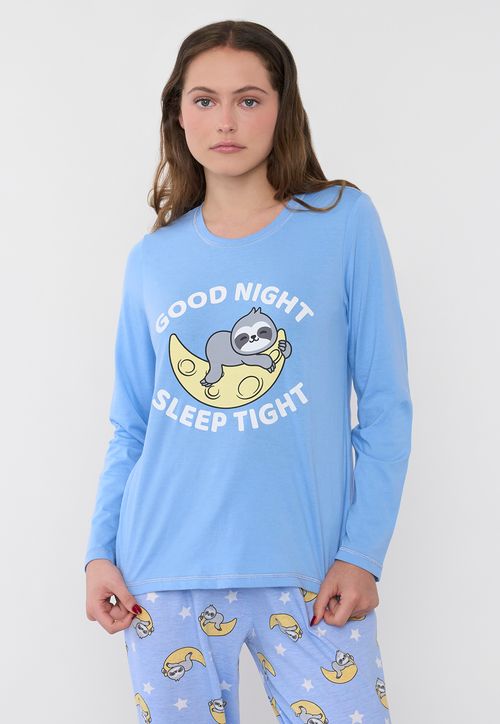 Pijama Mujer Largo Algodón Print Celeste