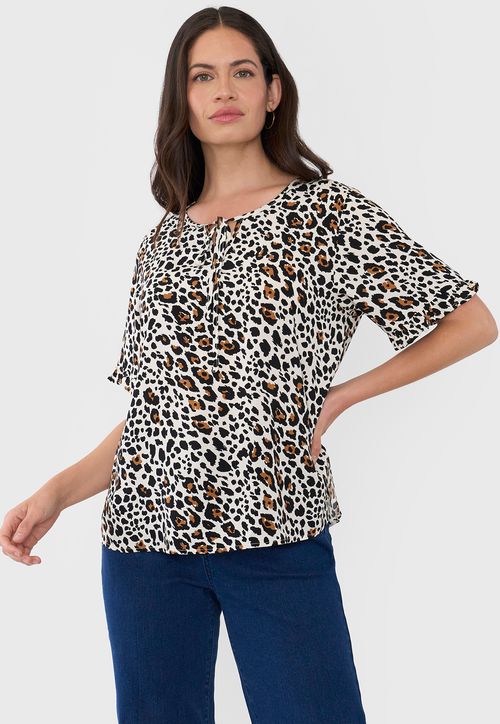 Blusa Mujer Manga Corta Detalle Animal Print Beige