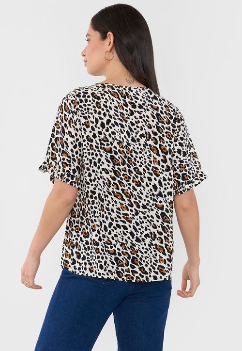Blusa Mujer Manga Corta Detalle Animal Print Beige