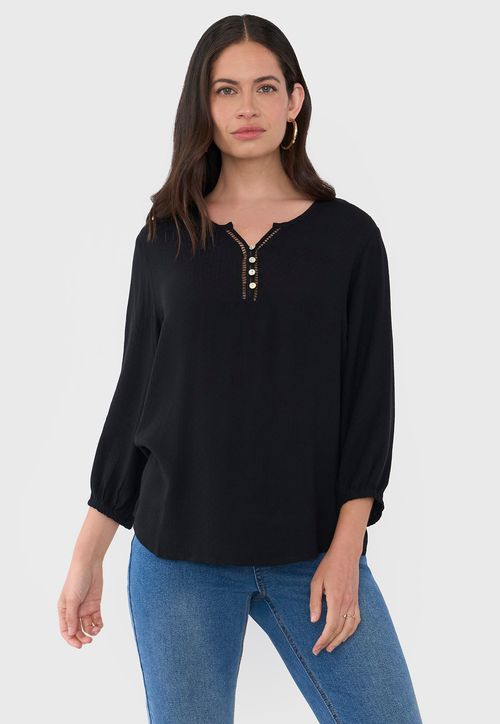 Blusa Mujer Botones Macramé Negro
