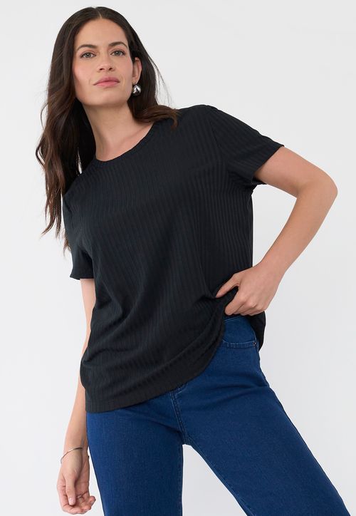 Polera Mujer Rib Básica Manga Corta Negro