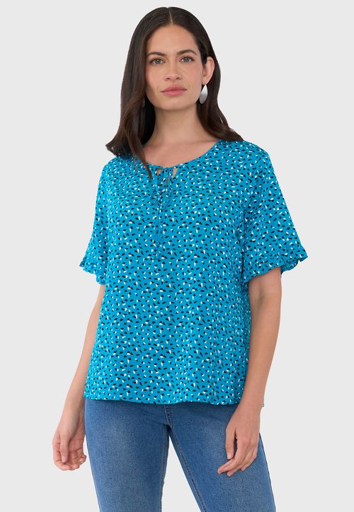 Blusa Mujer Manga Corta Detalle Print Turquesa