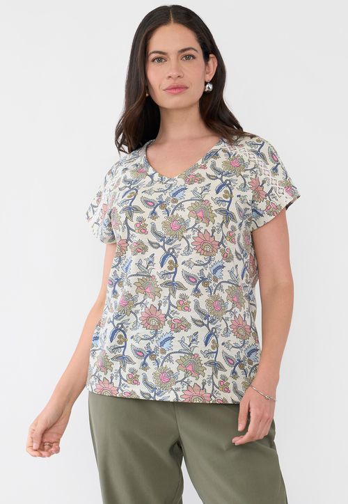 Polera Mujer Macramé Hombros Print Ecru