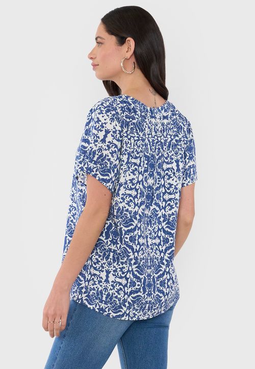 Blusa Mujer Manga Corta Hombro Recogido Azul
